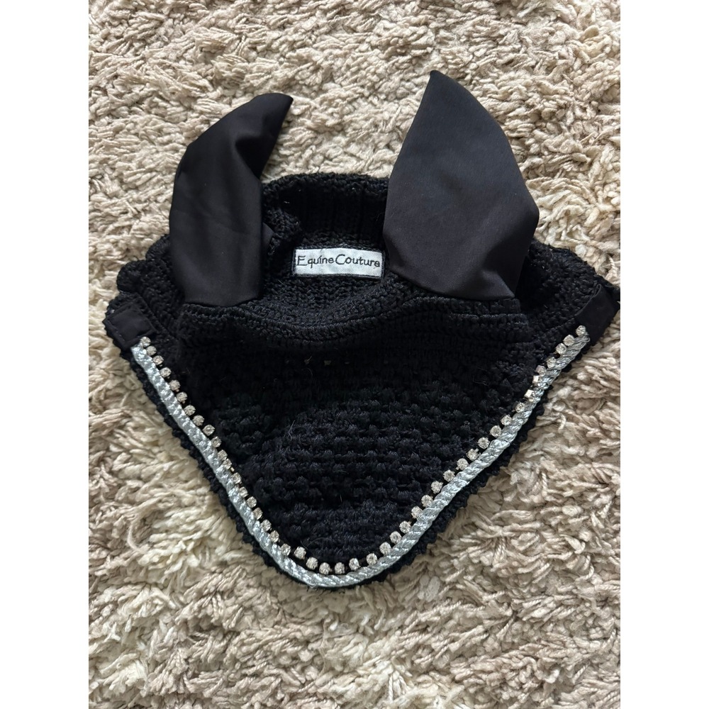 Equine Couture Black Crochet Horse Fly Veil Ear Bonnet Silver Crystal Trim